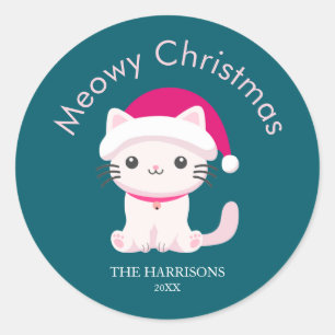 Sticker Rond Cute Chat Meowy Noël Vert