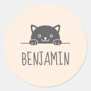 Sticker Rond Cute Chat Noir Pékin au-dessus Nom Personnalisé 2