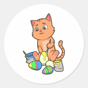 Sticker Rond Cute Chat Peint Oeufs De Pâques Le Jour De Pâques