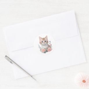 Sticker Rond Cute Chat Rose Floral