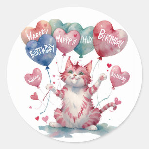 Sticker Rond Cute Chat Rose Gâteau d'anniversaire - Anniversair