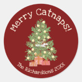 Sticker Rond Cute Chat sur Chistmas Tree Joyeux Catnaps! Red (Devant)