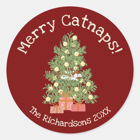 Sticker Rond Cute Chat sur Chistmas Tree Joyeux Catnaps! Red (Devant)