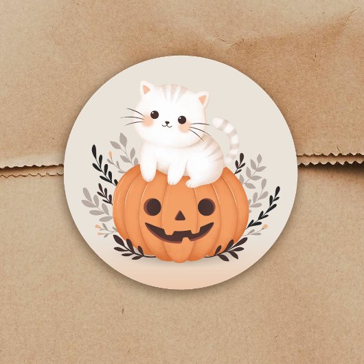 Sticker Rond Cute Chat Sur Une Illustration D'Halloween Citroui