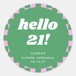 Sticker Rond Cute Checkerboard Rose Vert 21e anniversaire Perso