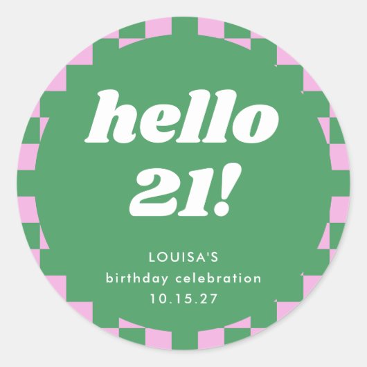 Sticker Rond Cute Checkerboard Rose Vert 21e anniversaire Perso (Devant)