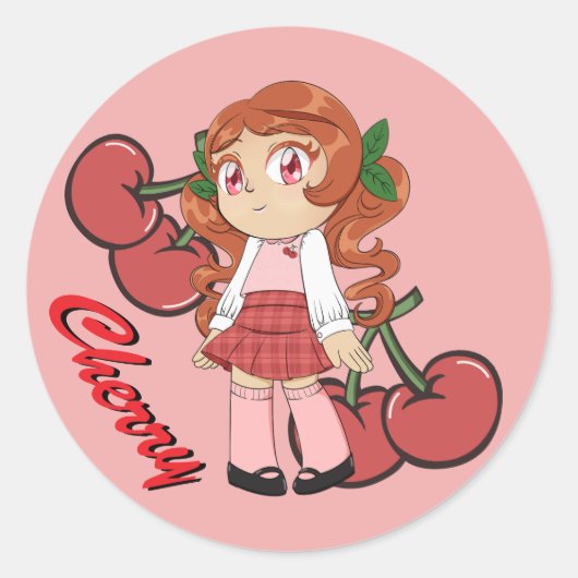 Sticker Rond Cute Cherry thème Chibi avec cerise Arrière - plan (Devant)