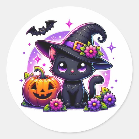 Sticker Rond Cute Chibi Halloween Chat noir et Citrouille (Devant)