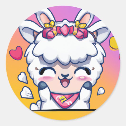Sticker Rond Cute Chibi Kawaii Llama Love Sunset (Devant)