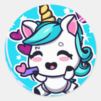 Cute Chibi Kawaii Unicorn Coeurs bleu rose