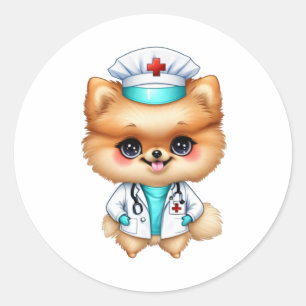 Sticker Rond Cute Chibi Pomeranian pour l'infirmière Amoureux d