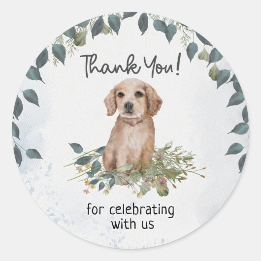 Sticker Rond Cute Chien Baby shower Floral Merci (Devant)