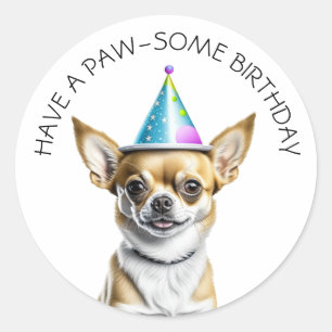 Sticker Rond Cute Chihuahua en Casquette d'anniversaire