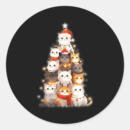 Sticker Rond Cute Christmas Cats Tree Lights Holiday Kittens Il (Devant)