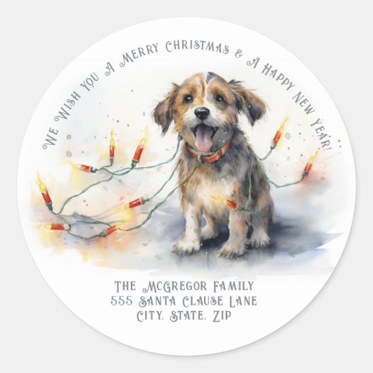 Sticker Rond Cute Christmas Dog Return Address (Devant)