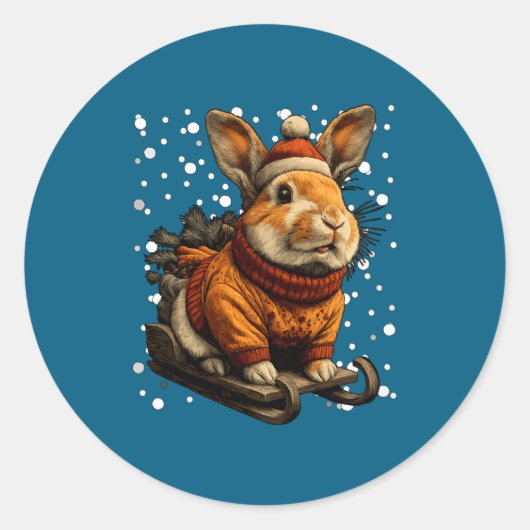 Sticker Rond Cute Christmas Rabbit Sledding In Snow Funny Winte (Devant)