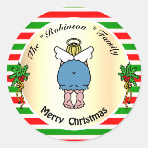 Sticker Rond Cute Chubby Angel Cadre rouge et vert Noël