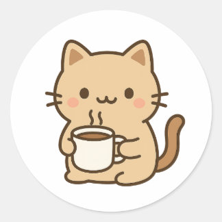 Sticker Rond Cute Coffee Cat Kawaii Cozy Aesthetic Design