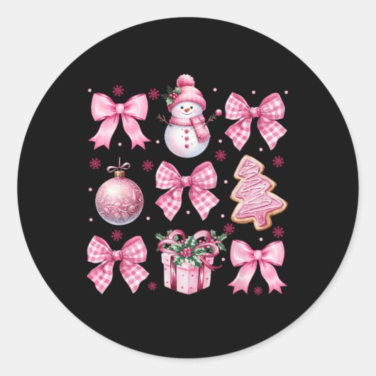 Sticker Rond Cute Coquette Noël Pink Bows Père Noël Gingerbrea (Devant)