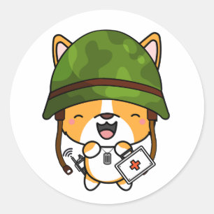 Sticker Rond Cute Corgi Chien portant un casque de l'armée