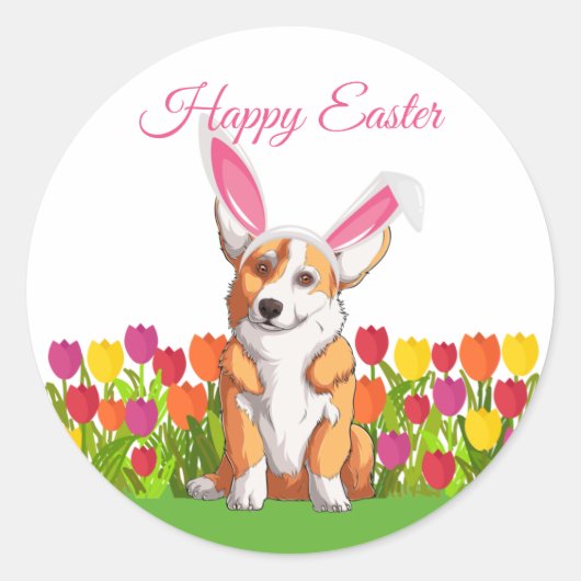 Sticker Rond Cute Corgi Pâques Bunny Party (Devant)