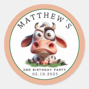 Sticker Rond Cute Cow Farm Animaux 2e fête d'anniversaire