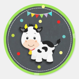 Sticker Rond Cute Cow Farm Barnyard Animal Baby shower d'annive