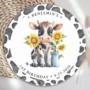 Sticker Rond Cute Cow Merci Animaux de ferme modernes Anniversa