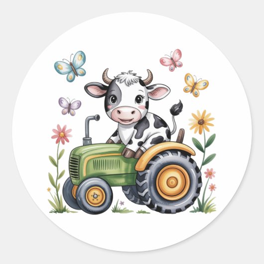 Sticker Rond Cute Cow on Tractor Boy Birthday Party (Devant)