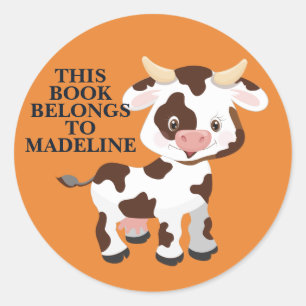 Sticker Rond Cute Cow Orange Nom de l'enfant Plaque d'enregistr