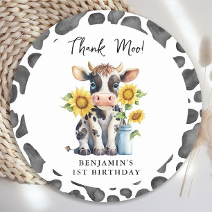 Sticker Rond Cute Cow Thank Moo Farm Animal 1er Anniversaire