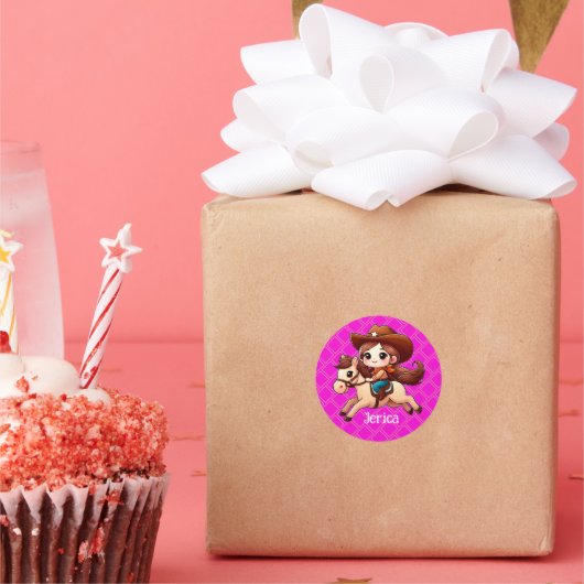 Sticker Rond Cute Cowgirl et Cheval Western Rose (Fête)