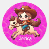 Sticker Rond Cute Cowgirl et Cheval Western Rose (Devant)