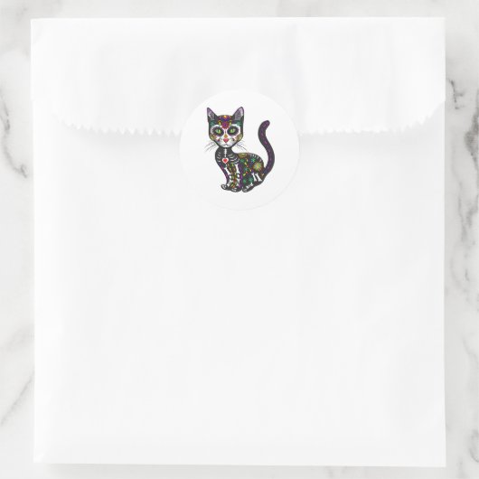 Sticker Rond Cute Crâne Sucre Mexicaine Chat Halloween Jour De (Sac)