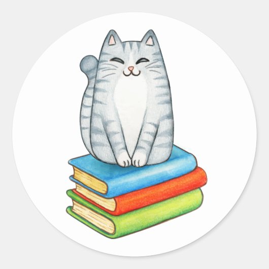 Sticker Rond Cute Crazy Cat Lady Bookworm Lecture Livre Lover (Devant)
