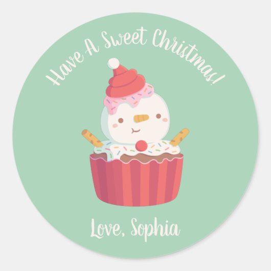 Sticker Rond Cute Cupcake Snowman, Sweet Christmas (Devant)