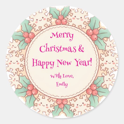 Sticker Rond Cute Custom Merry Christmas & Happy New Year Holly (Devant)