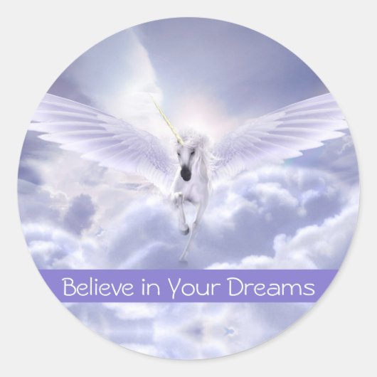 Sticker Rond Cute Custom Text Magique Flying Unicorn Purple Clo (Devant)
