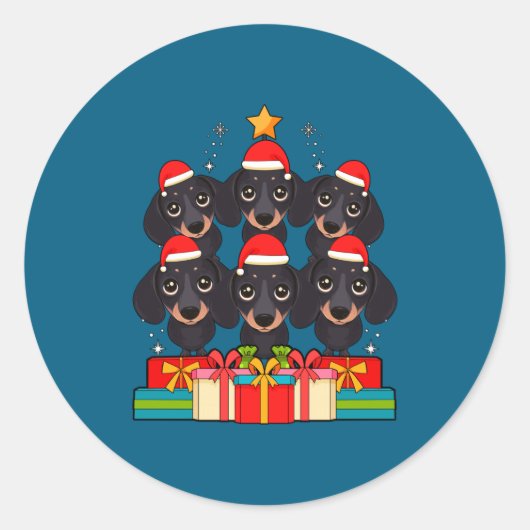 Sticker Rond Cute Dachshund Le Doxie Christmas Tree Xmas Hat Lo (Devant)