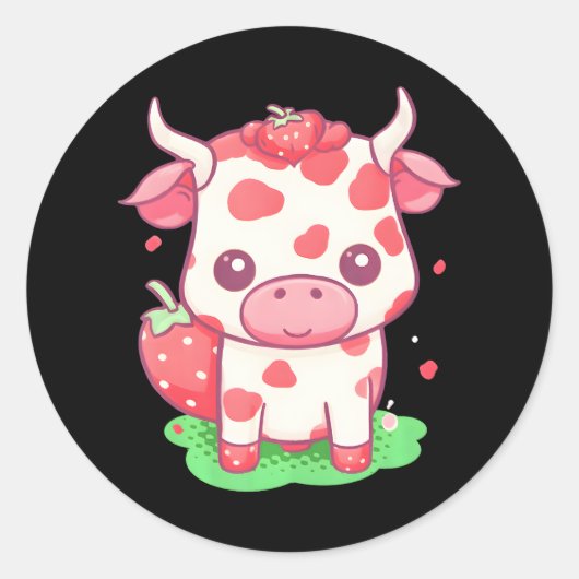 Sticker Rond Cute de fraise de vache Kawaii Pink Pastel (Devant)