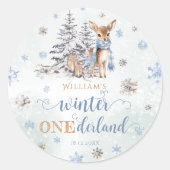 Sticker Rond Cute Deer Winter Onederland Bleu 1er anniversaire (Devant)