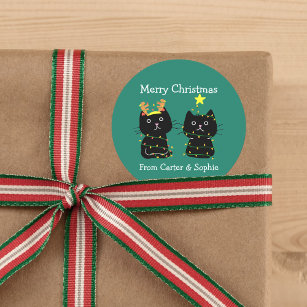 Sticker Rond Cute Deux Chats Feux de Noël Cadeau Personnalisé