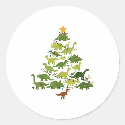 Sticker Rond Cute Dino Christmas Tree Merry Dinomas Xmas Lights (Devant)