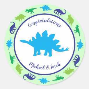 Sticker Rond Cute Dinosaur Baby shower Dino Blue et Green Boy