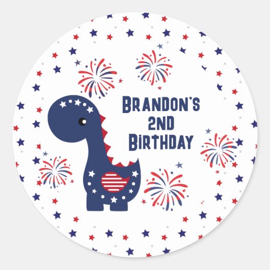 Sticker Rond Cute Dinosaur Boy Anniversaire 4 juillet (Devant)