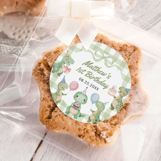 Sticker Rond Cute Dinosaur En vichy 1er anniversaire