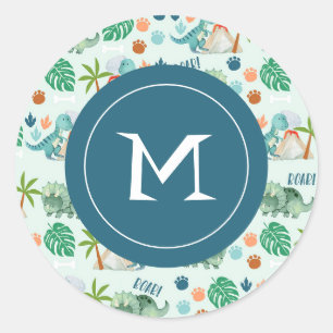 Sticker Rond Cute Dinosaur Motif Enfants Monogramme