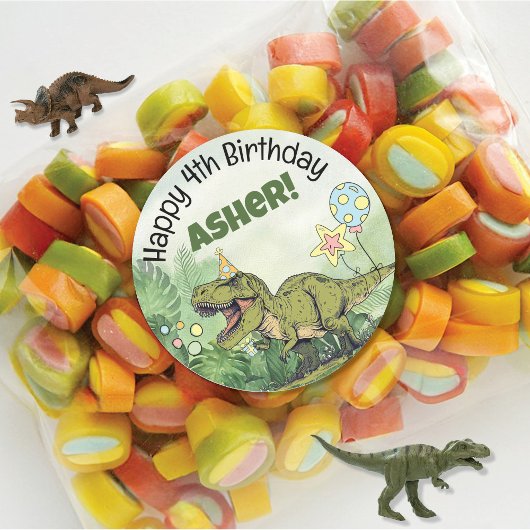 Sticker Rond Cute Dinosaur Thème Enfants Nom Anniversaire Fête