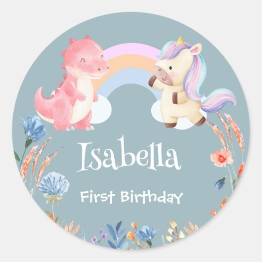 Sticker Rond Cute Dinosaur Unicorn arc-en-ciel enfant d'anniver (Devant)