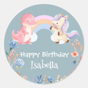 Sticker Rond Cute Dinosaur Unicorn arc-en-ciel Nom d'anniversai